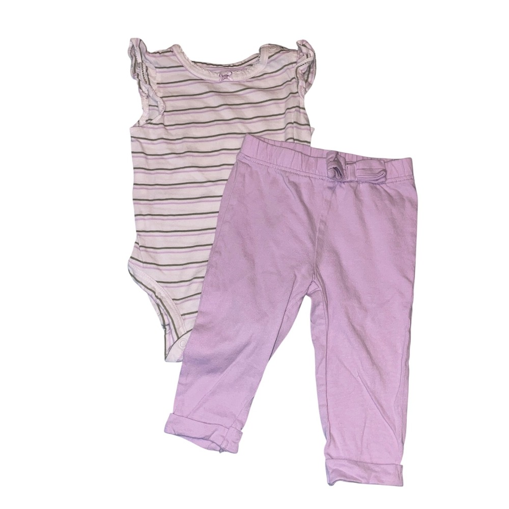 Carter's 2pc Bodysuit Pants Set Baby Girl 6M Purple Striped Ruffle Preppy